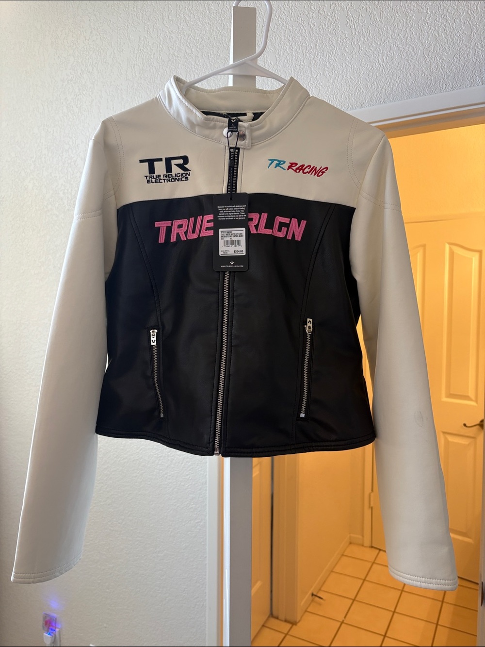 True Religion Black & Cream Moto Jacket with Pink Logo